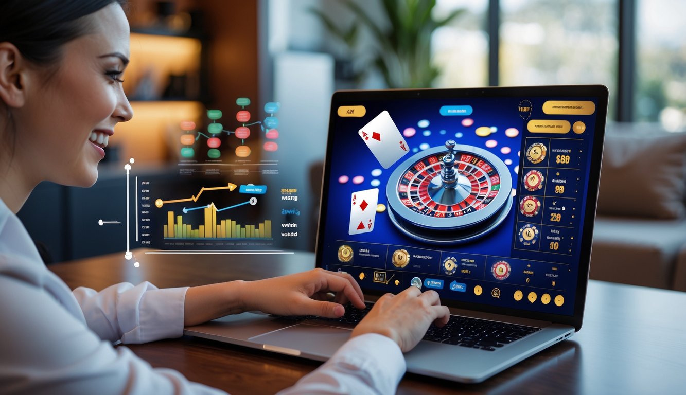 Seorang pemain sedang menggunakan komputer dengan tampilan permainan kasino langsung online yang menampilkan kartu, roda roulette, dan chip di lingkungan rumah yang terang.