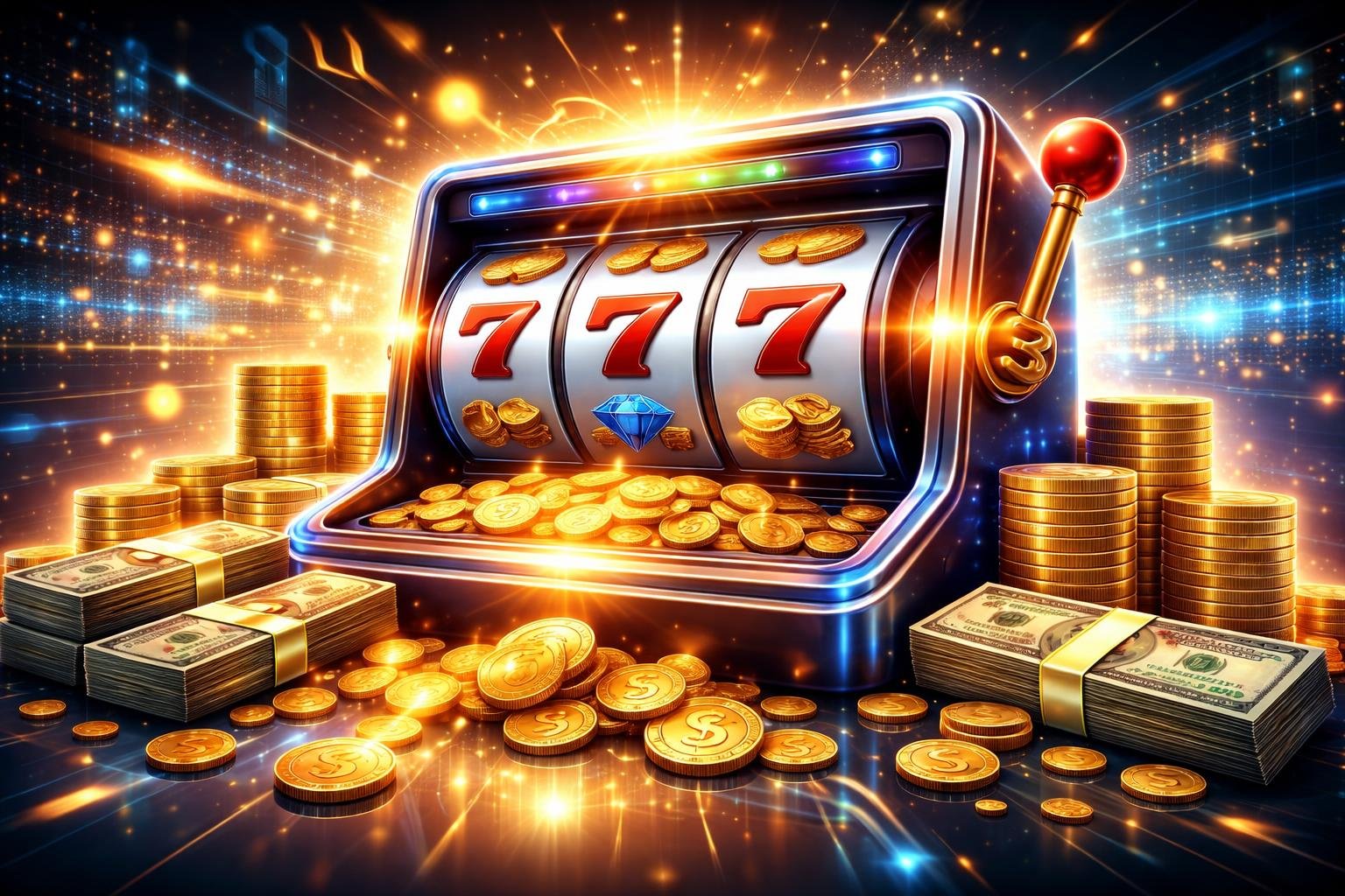 Adegan mesin slot online dengan koin dan uang yang berkilauan di sekitarnya, menunjukkan tema menghasilkan uang dari permainan slot.