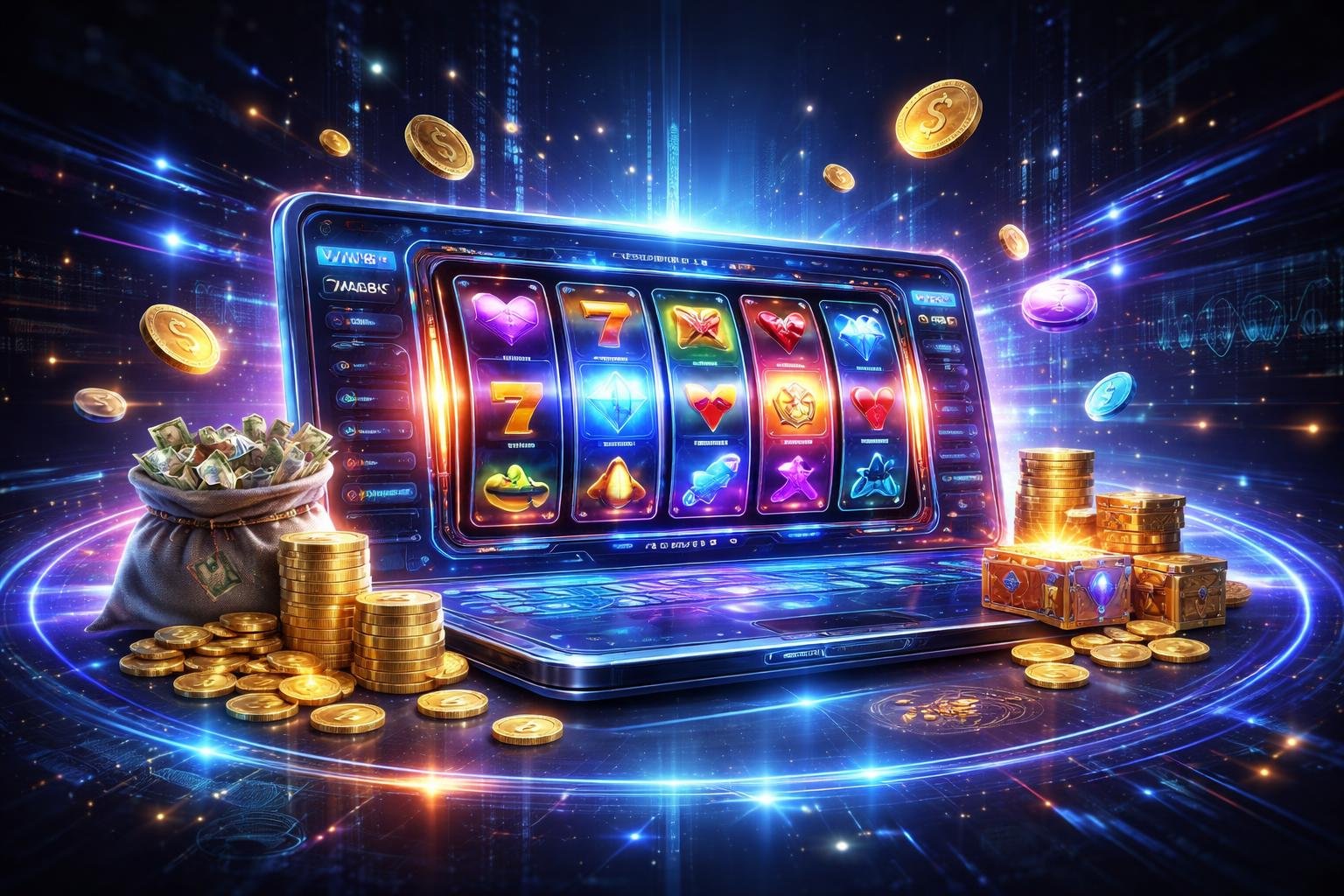 Tampilan platform slot online dengan mesin slot digital yang berputar dan elemen holografik uang dan koin di latar belakang berwarna gelap dengan cahaya neon.