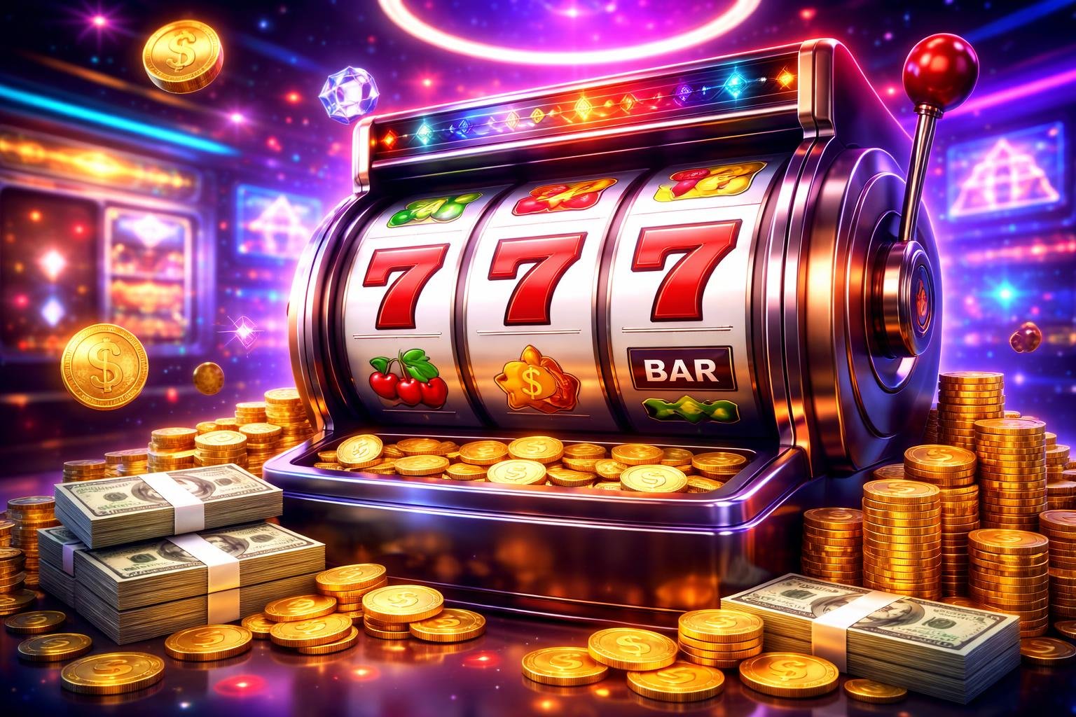 Mesin slot online modern dengan koin digital dan uang di sekitarnya dalam suasana kasino futuristik.