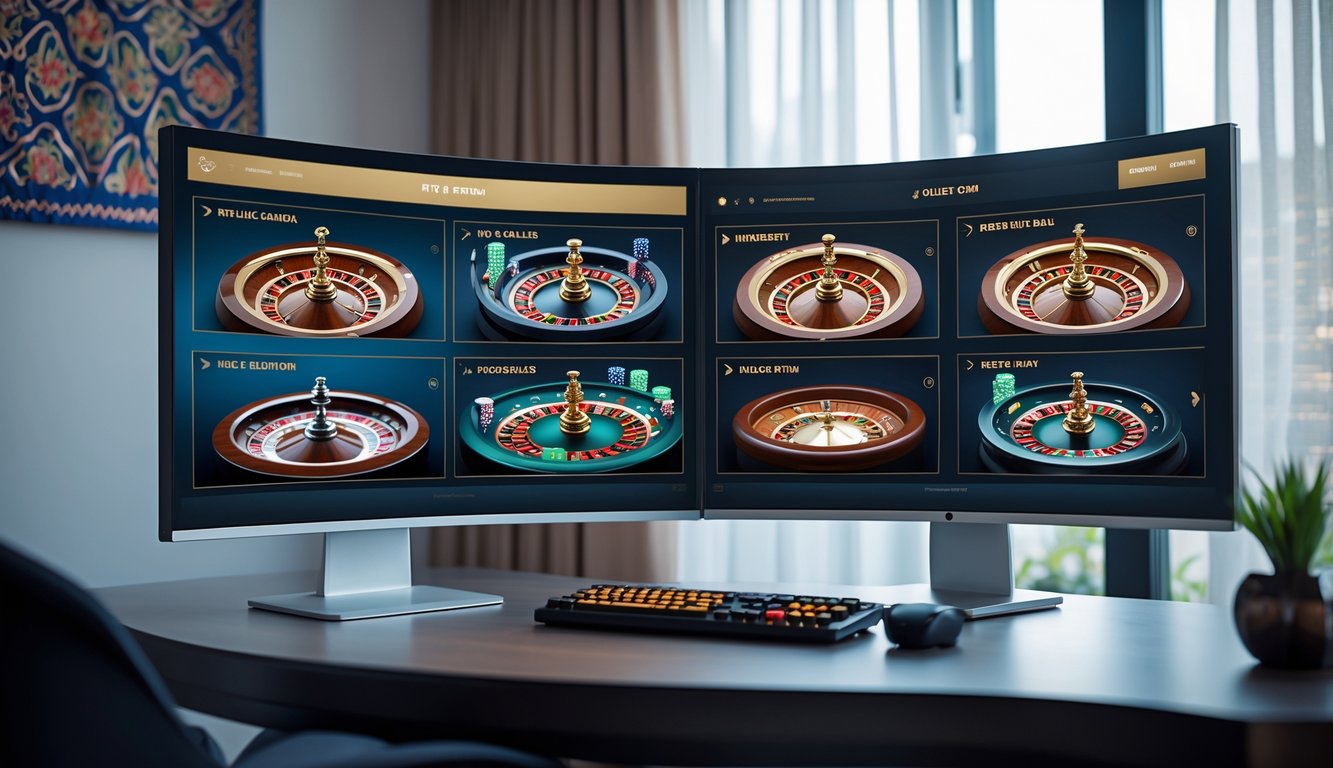 Tampilan beberapa layar komputer yang menampilkan permainan kasino langsung dengan dealer, di sebuah ruang kerja modern dengan dekorasi batik kecil.