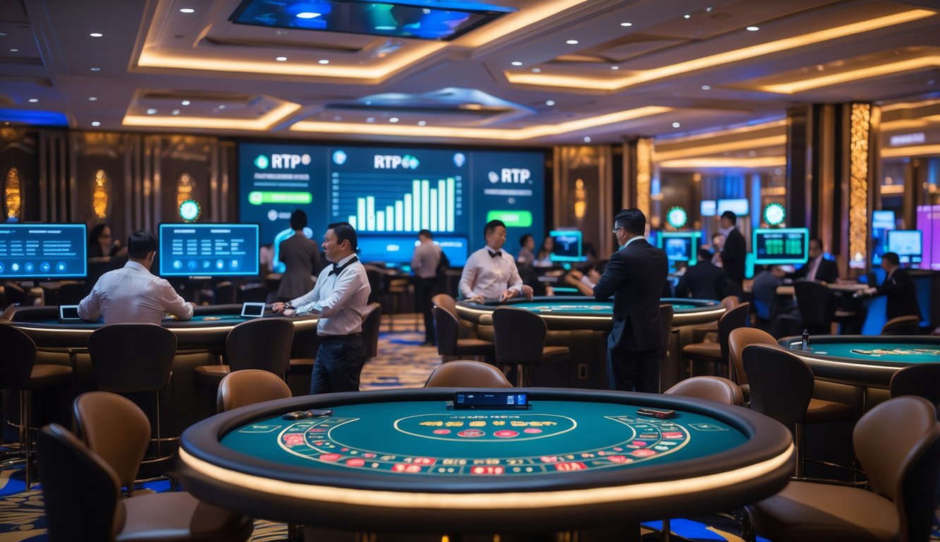Suasana kasino langsung modern dengan pemain Indonesia menggunakan perangkat digital dan dealer di meja kasino, menampilkan grafik statistik di latar belakang.