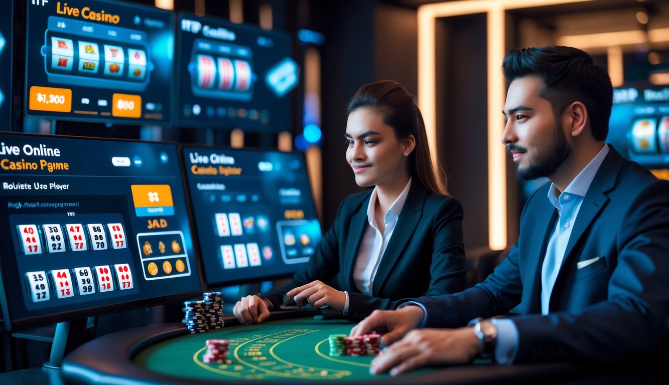 Seorang pria dan wanita bermain di meja kasino online dengan beberapa layar menampilkan permainan kasino langsung di latar belakang.