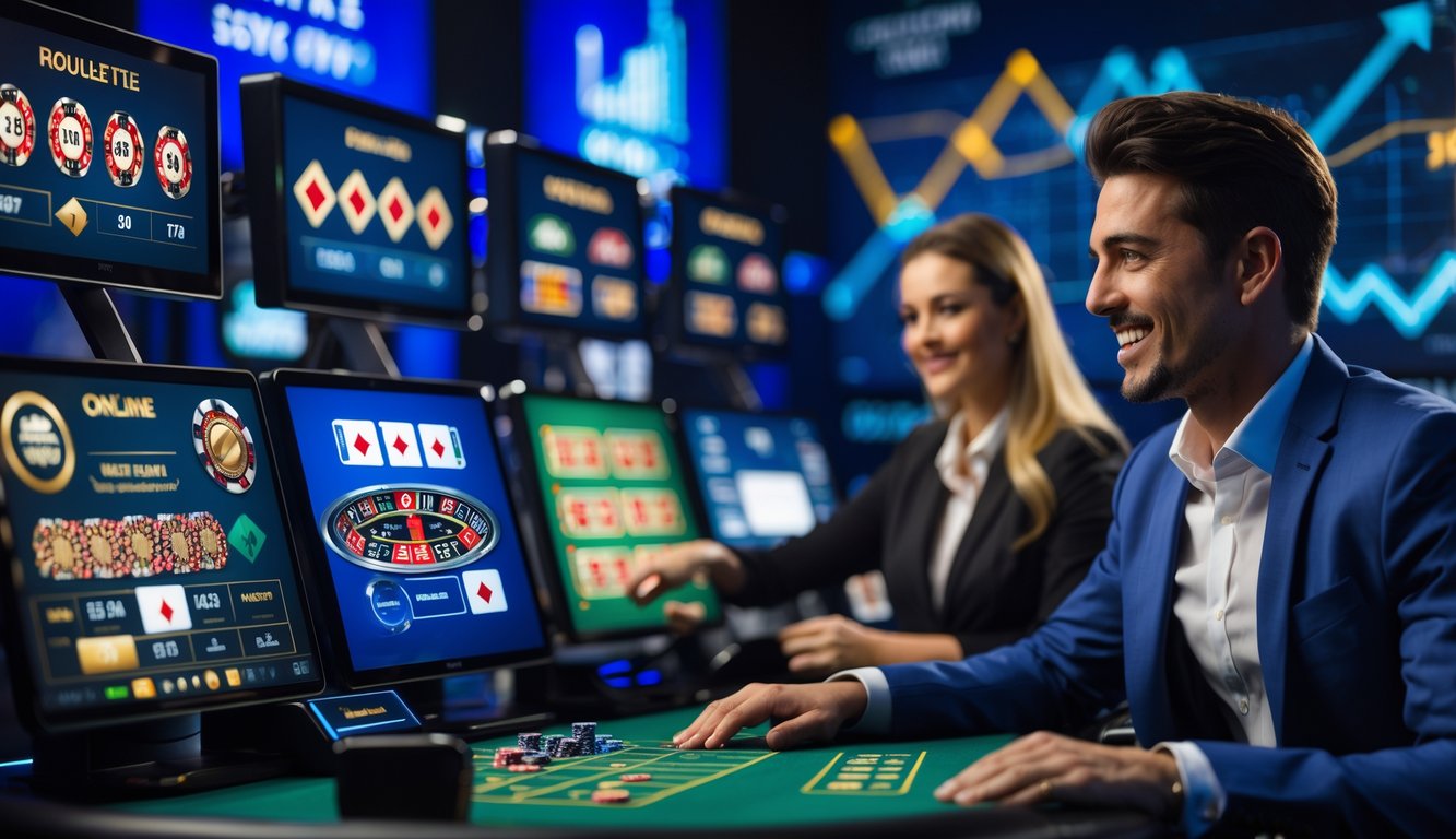 Seorang pemain sedang bermain di platform kasino langsung dengan layar digital menampilkan permainan kasino dan suasana modern yang cerah.