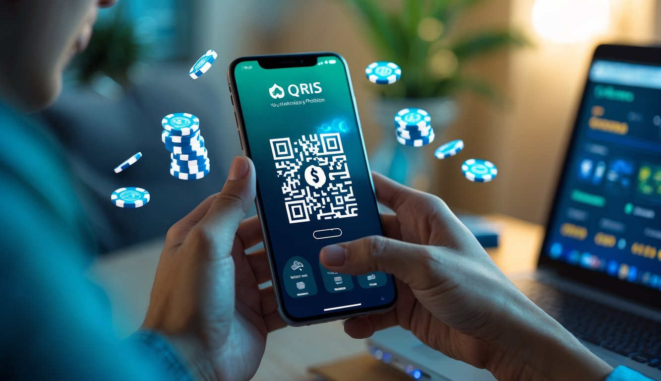 Seorang pria memegang ponsel dengan kode QR di layar, dikelilingi oleh chip poker dan kartu bermain di latar ruang kerja yang nyaman.