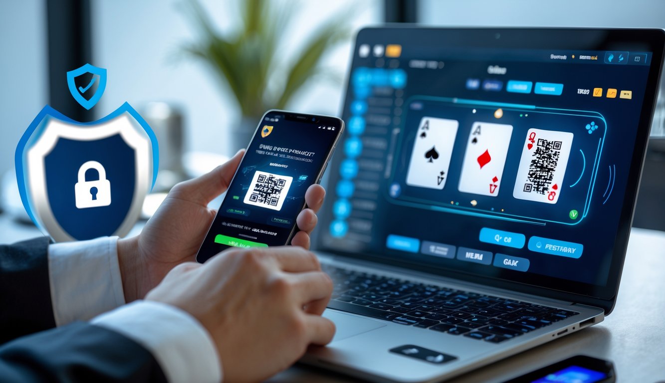 Seseorang menggunakan laptop dan ponsel untuk bermain poker online dengan metode pembayaran QRIS.