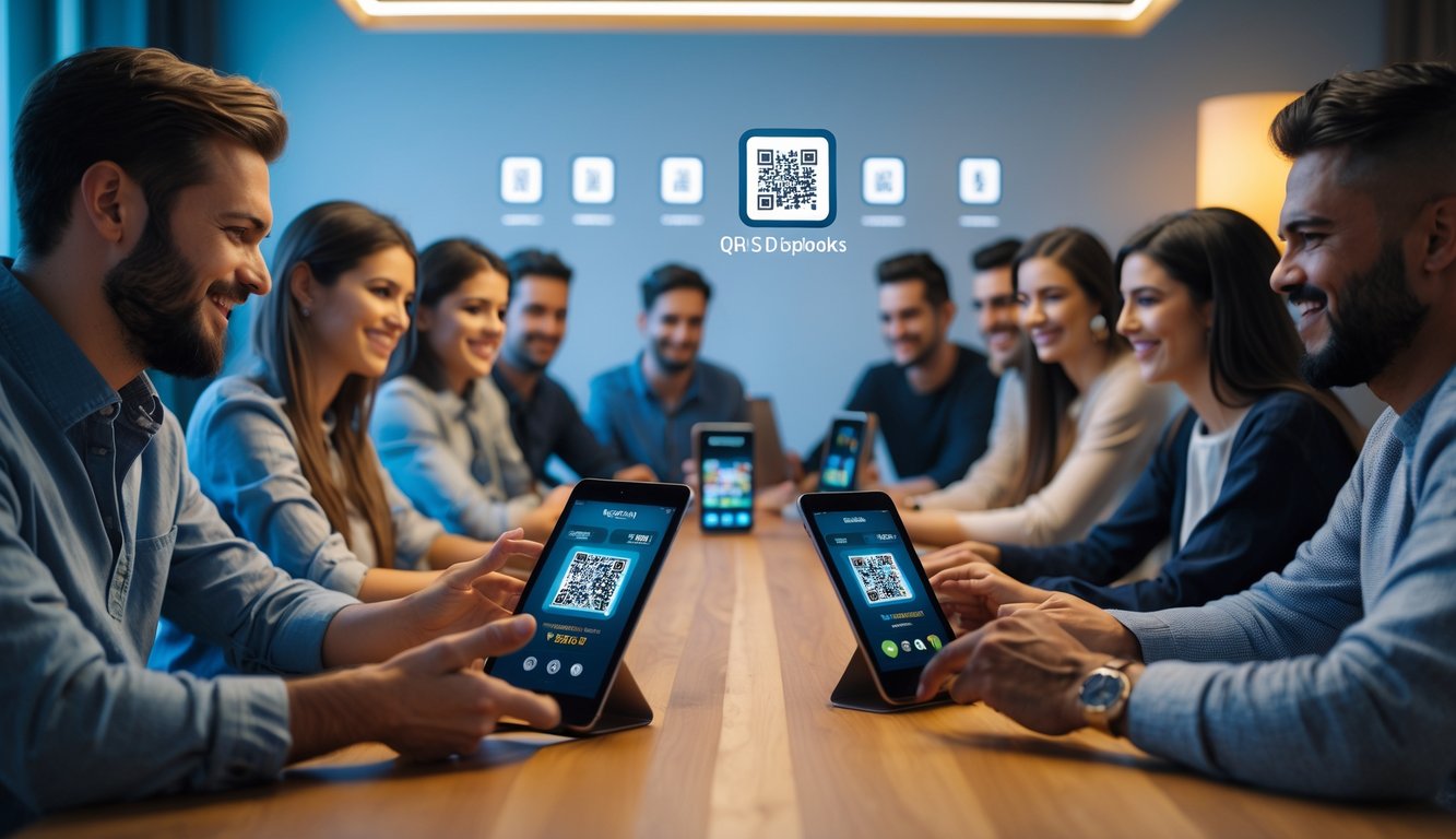 Beberapa orang bermain poker online menggunakan perangkat digital di meja modern dengan suasana santai dan nyaman.