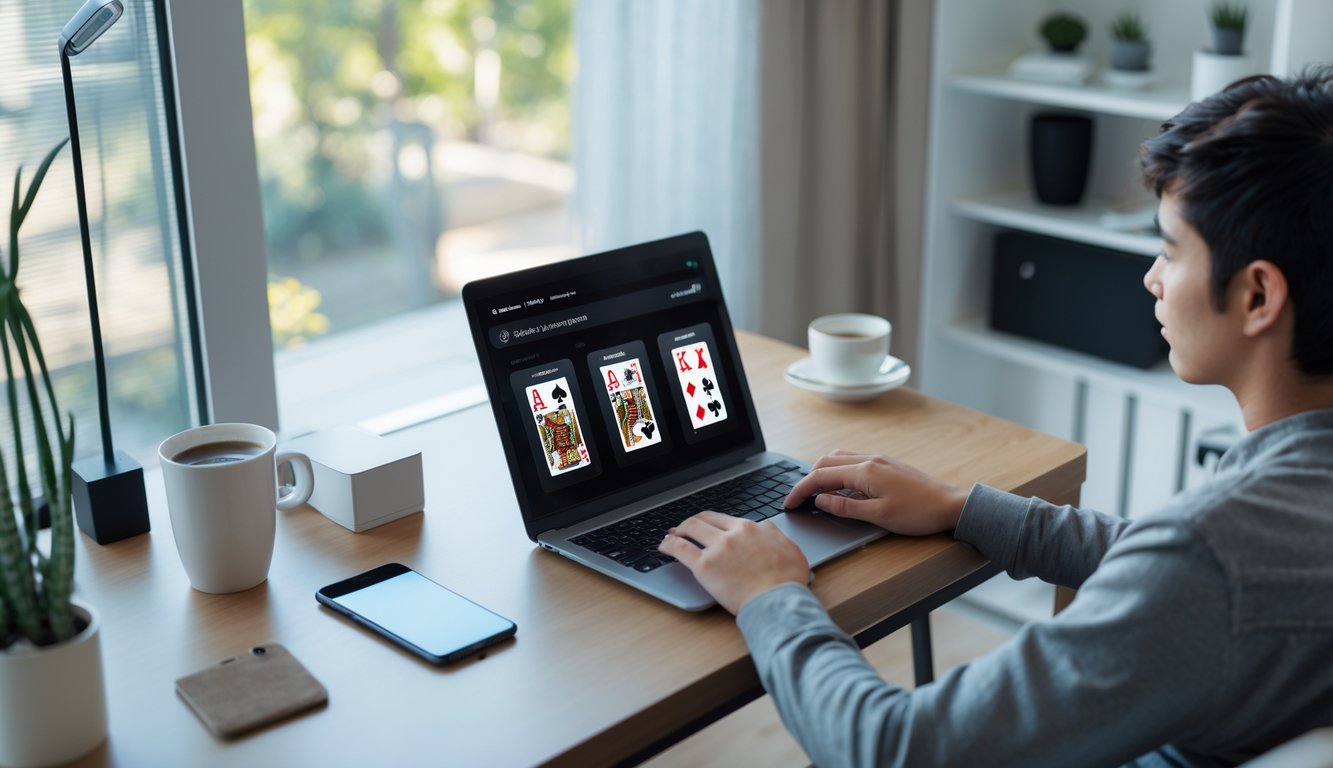 Seseorang duduk di meja dengan laptop dan ponsel, sedang bermain poker online dengan suasana nyaman di ruang kerja rumah.