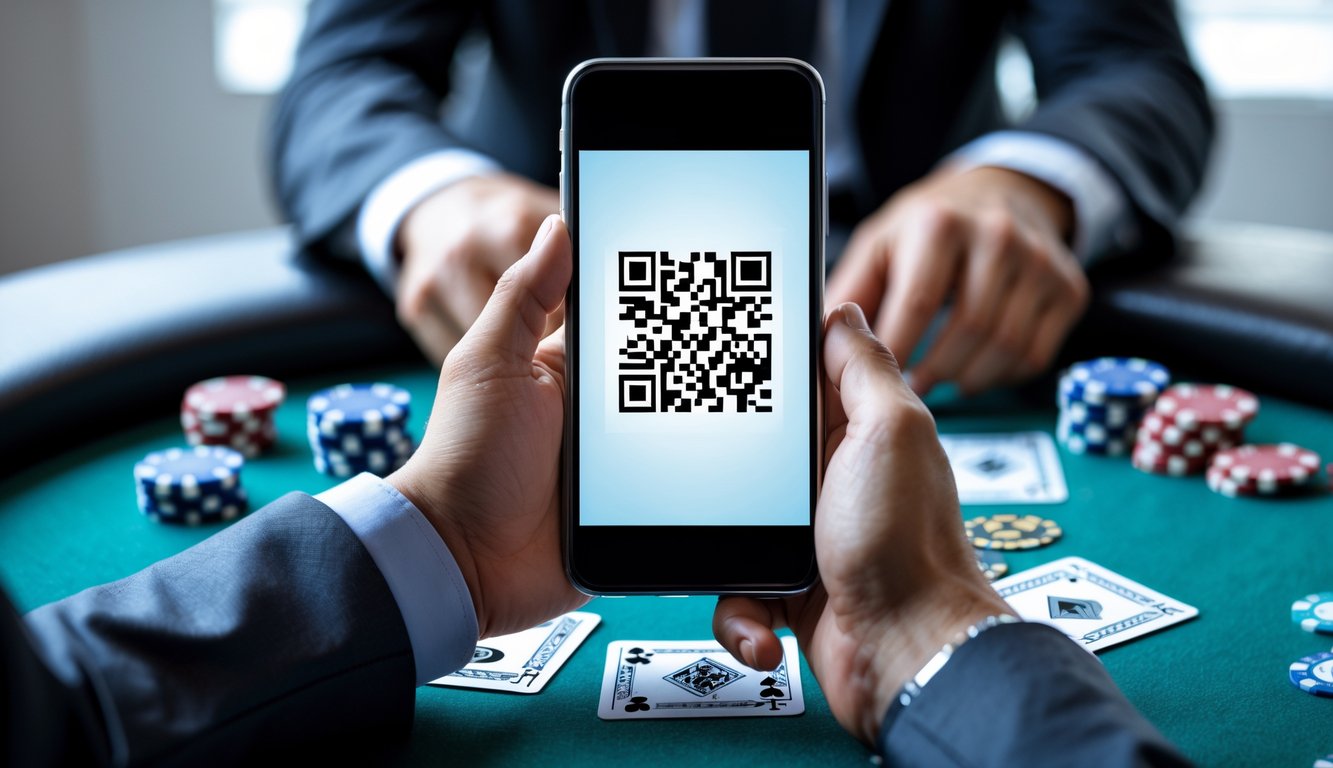 Seseorang memegang ponsel yang menampilkan kode QR dengan latar belakang meja poker dan chip poker.