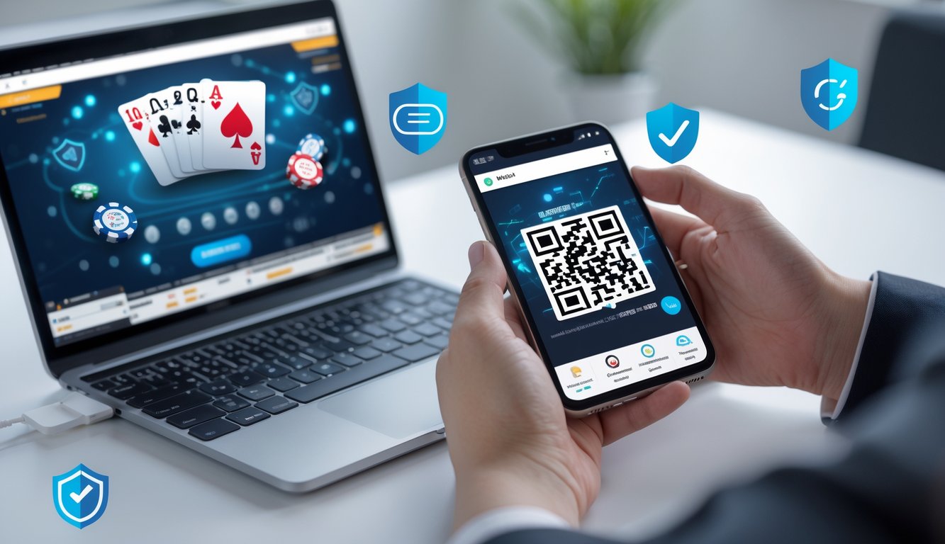 Seseorang menggunakan ponsel untuk memindai kode QR di samping laptop yang menampilkan permainan poker online.