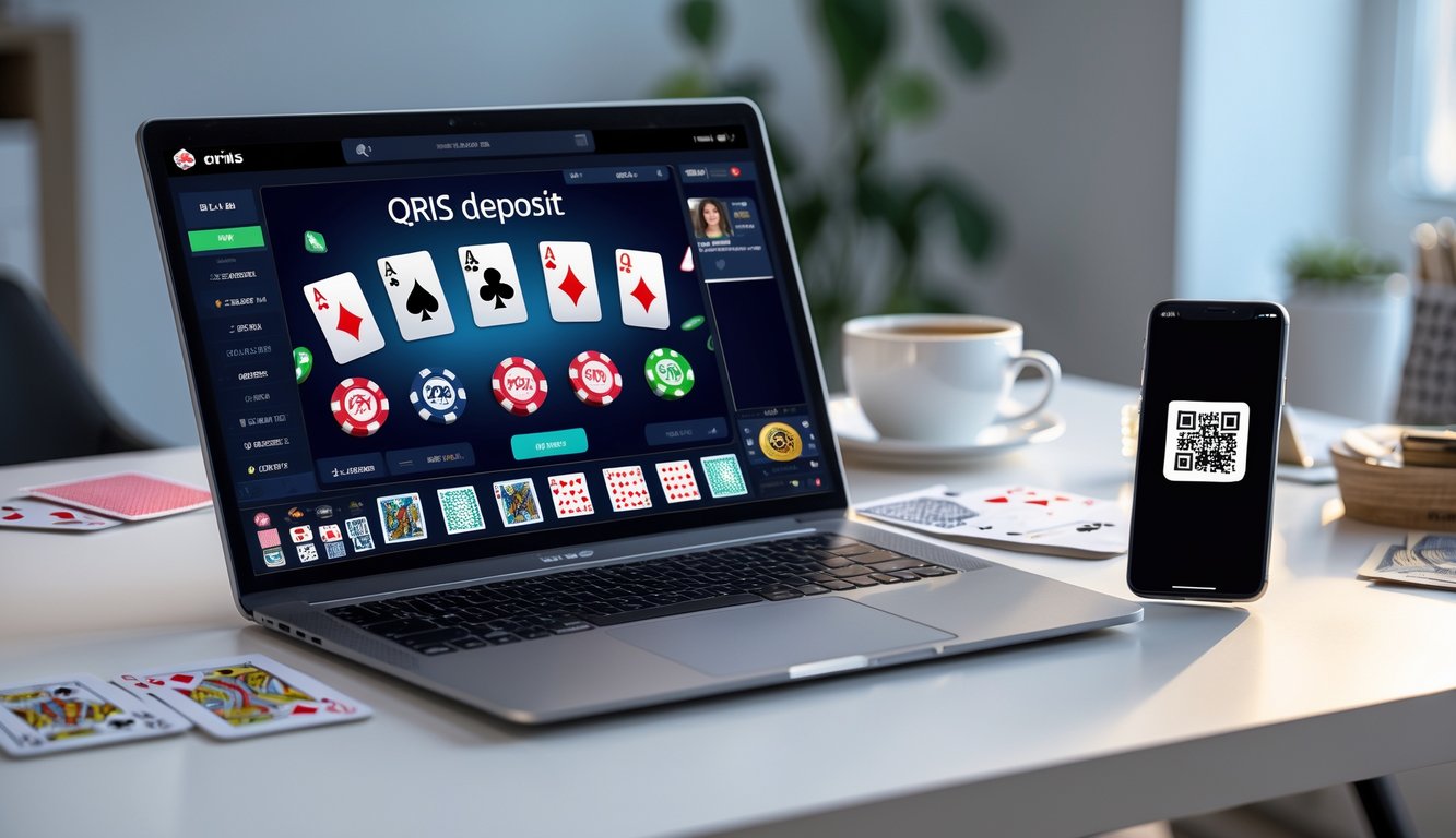 Seorang pengguna duduk di depan laptop dengan layar menampilkan permainan poker online dan smartphone di sampingnya menunjukkan kode pembayaran QRIS, di atas meja kerja yang rapi.