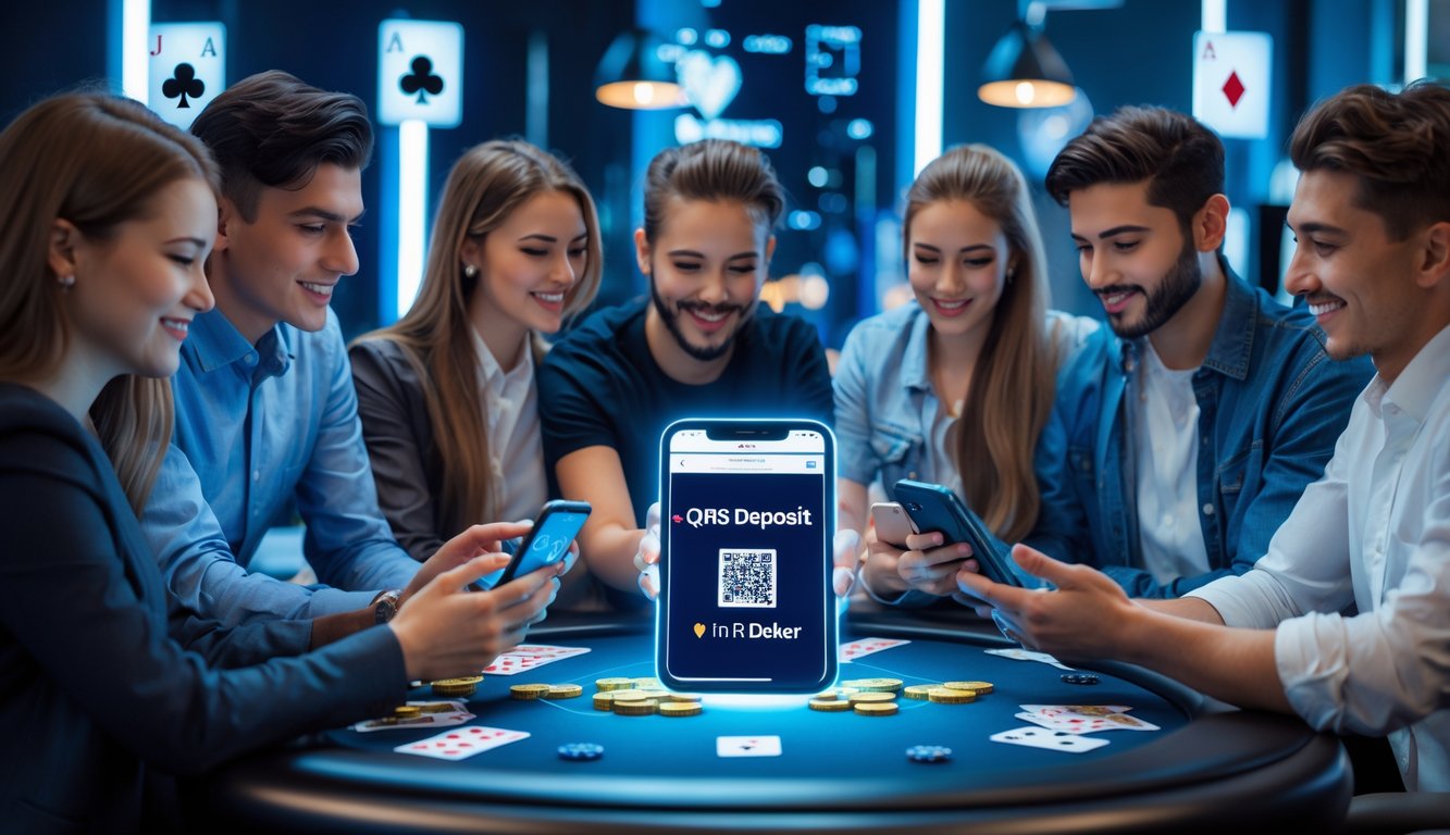 Sekelompok orang muda menggunakan perangkat digital untuk bermain poker online dengan metode pembayaran QRIS.