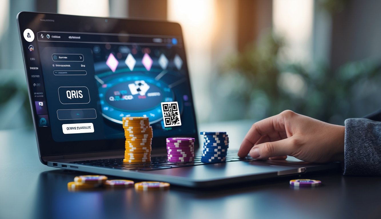 Seseorang menggunakan perangkat digital untuk bermain poker online dengan chip poker di meja dan kode QR terlihat di layar.