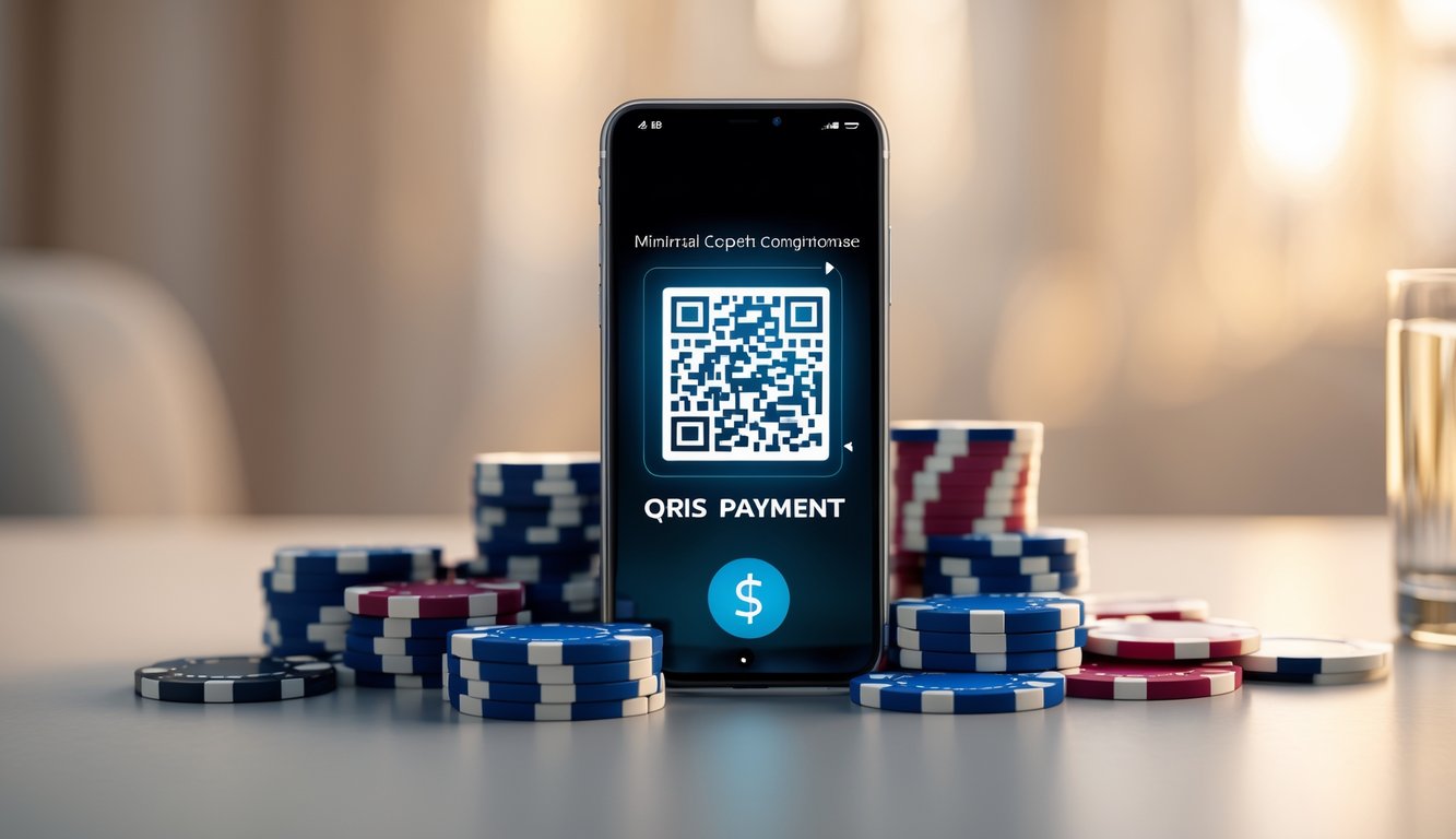 Smartphone dengan kode QR di layar, dikelilingi oleh chip poker dan kartu remi di atas meja.