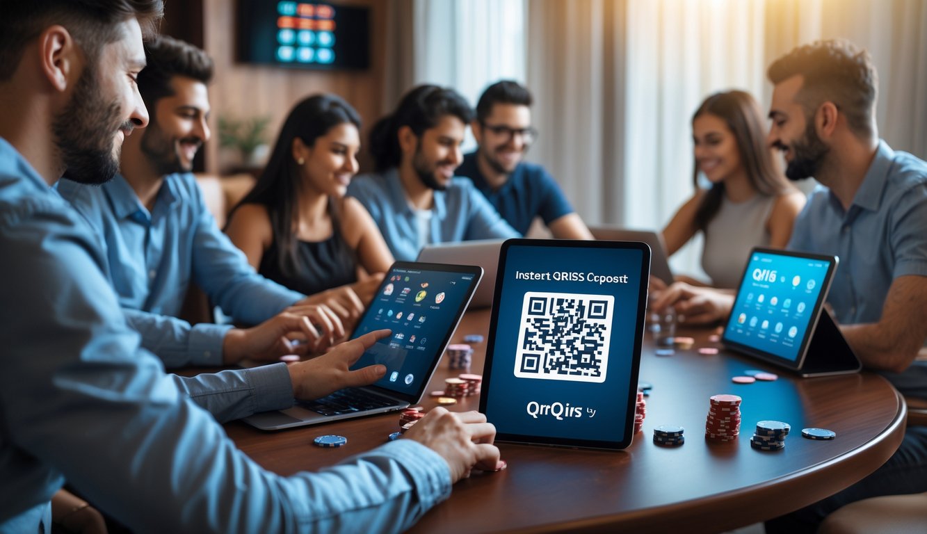 Orang-orang bermain poker online menggunakan laptop dan tablet dengan ponsel menampilkan kode QR di meja, menunjukkan kemudahan deposit 24 jam.