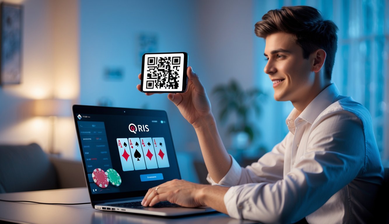 Seorang pria muda duduk di meja dengan laptop dan ponsel, menggunakan platform poker online dengan fitur deposit QRIS 24 jam.