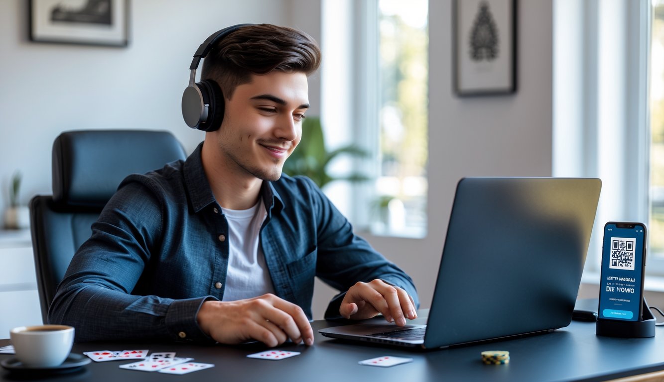 Seorang pria muda duduk di meja modern dengan laptop, bermain poker online dan menggunakan ponsel untuk pembayaran digital.