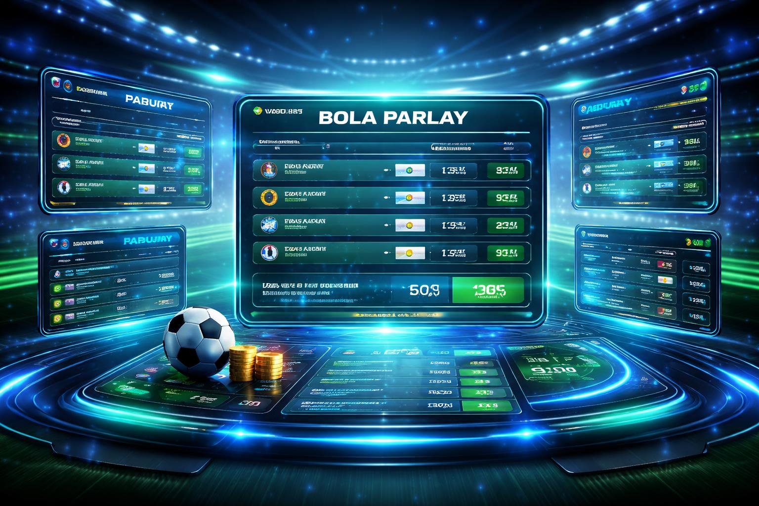 Tampilan antarmuka taruhan bola parlay dengan layar-layar transparan yang menunjukkan peluang dan kombinasi taruhan di latar stadion sepak bola.