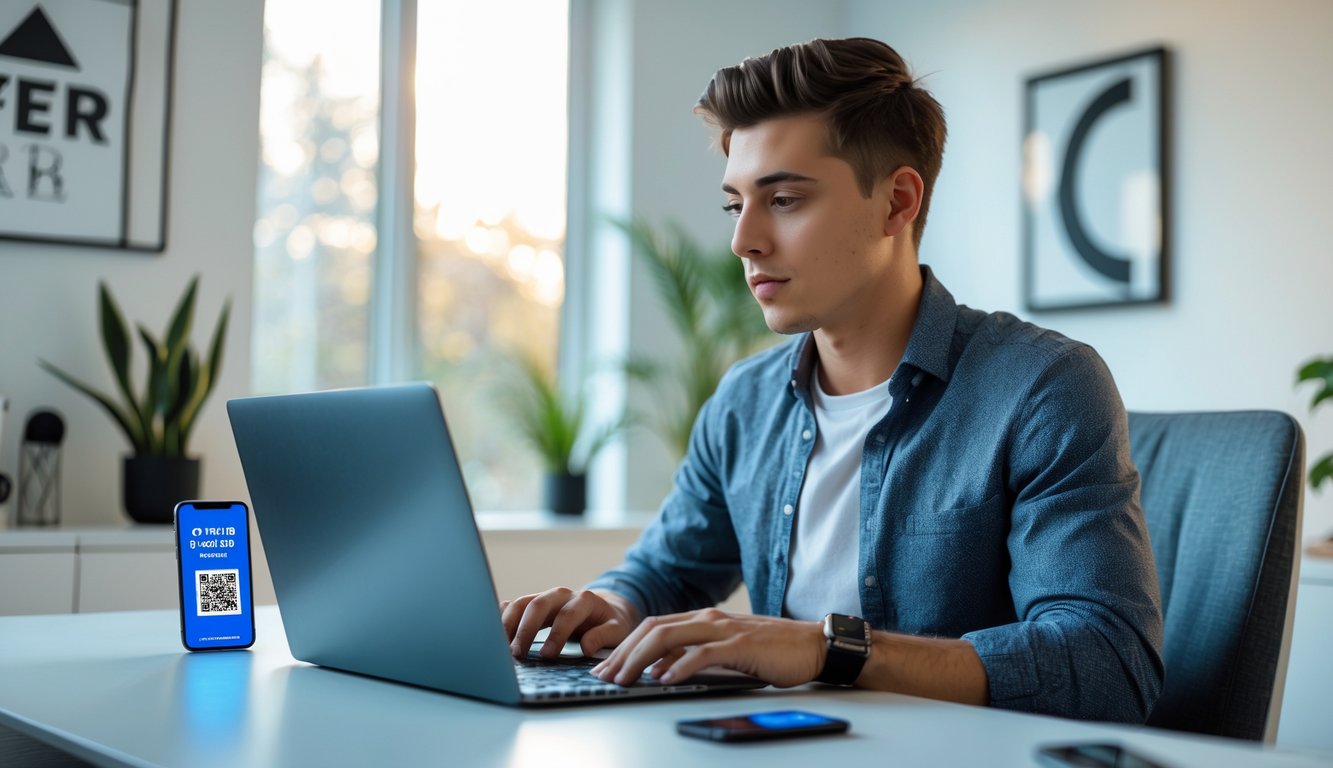 Seorang pria muda duduk di meja dengan laptop dan ponsel yang menampilkan kode QRIS, fokus bermain poker online.