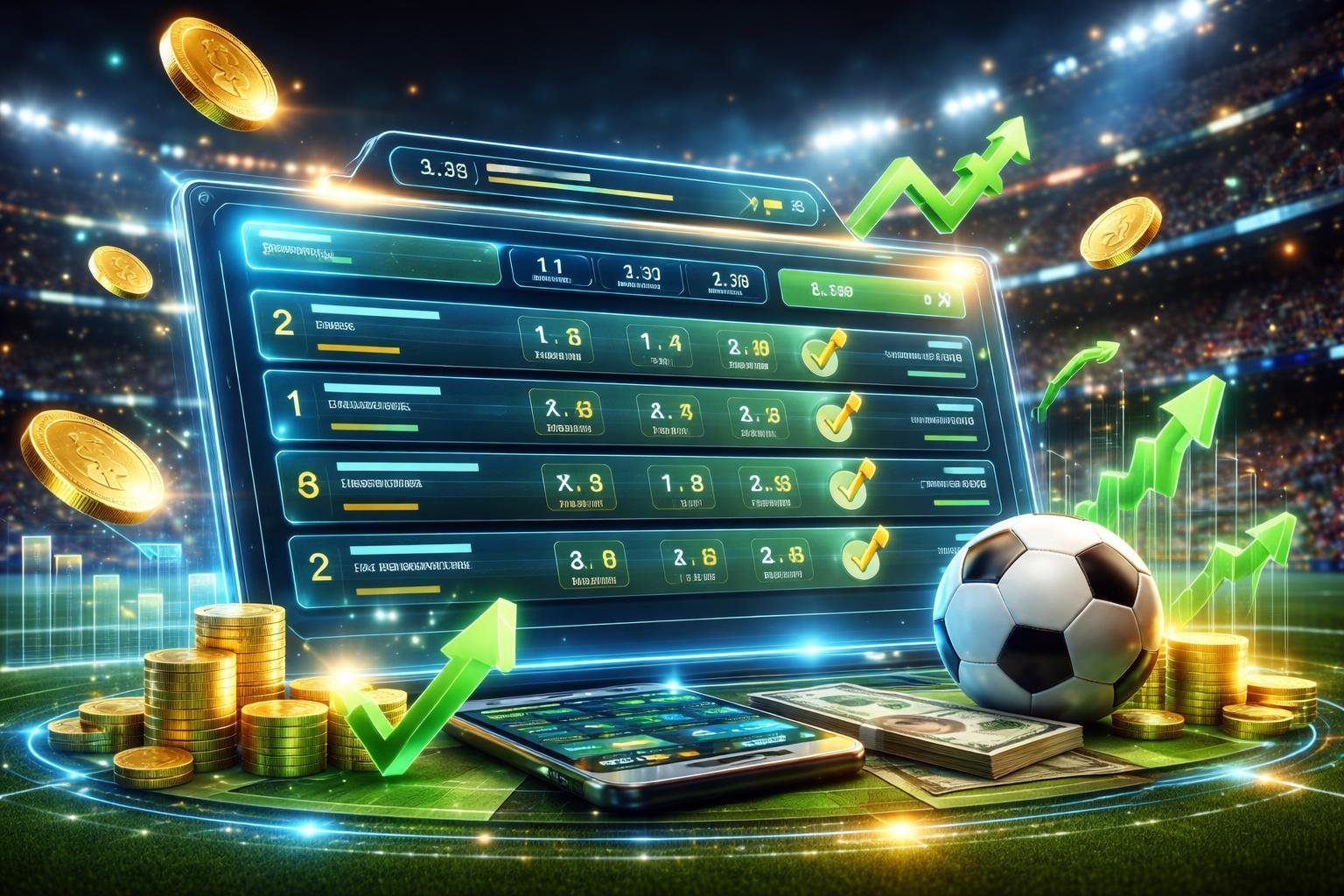 Adegan 3D yang menampilkan antarmuka taruhan bola dengan beberapa pertandingan sepak bola dan simbol peluang menang di latar stadion sepak bola yang ramai.