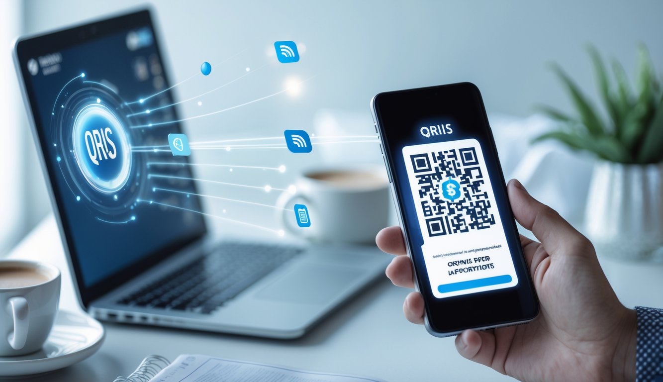 Seseorang memegang smartphone dengan kode QR di layar, di meja kerja dengan laptop dan kopi, menggambarkan transaksi pembayaran digital cepat.