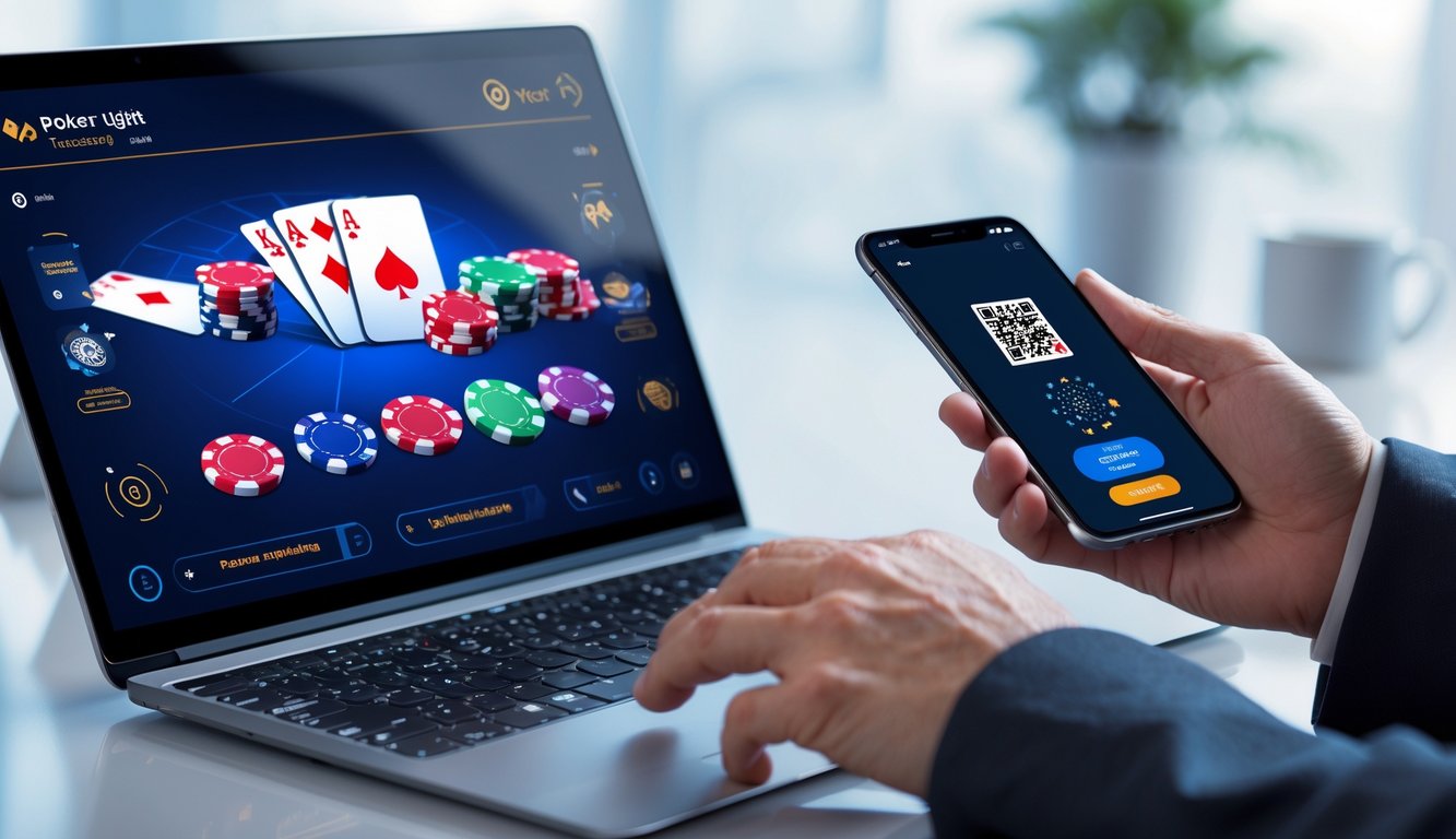 Seseorang menggunakan ponsel untuk melakukan pembayaran QRIS saat bermain poker online di komputer.