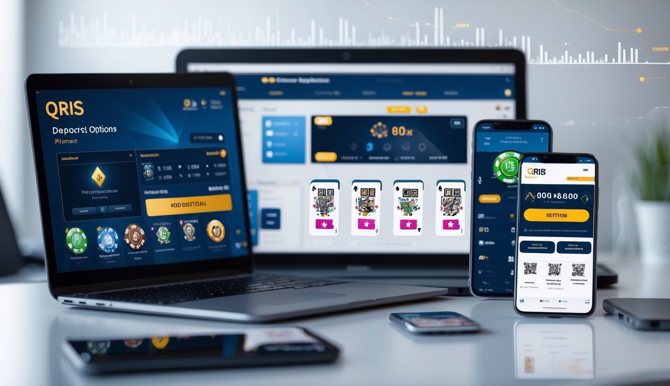 Meja kerja modern dengan beberapa perangkat menampilkan permainan poker online dan kode QR pembayaran, serta grafik perbandingan di latar belakang.