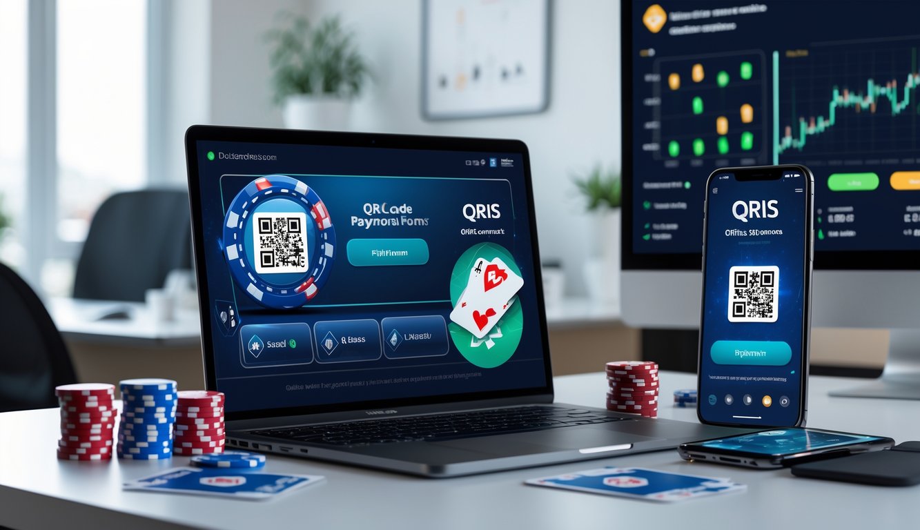 Meja kerja modern dengan laptop menampilkan permainan poker online, chip poker, kartu, dan ponsel yang menunjukkan layar pembayaran QRIS.