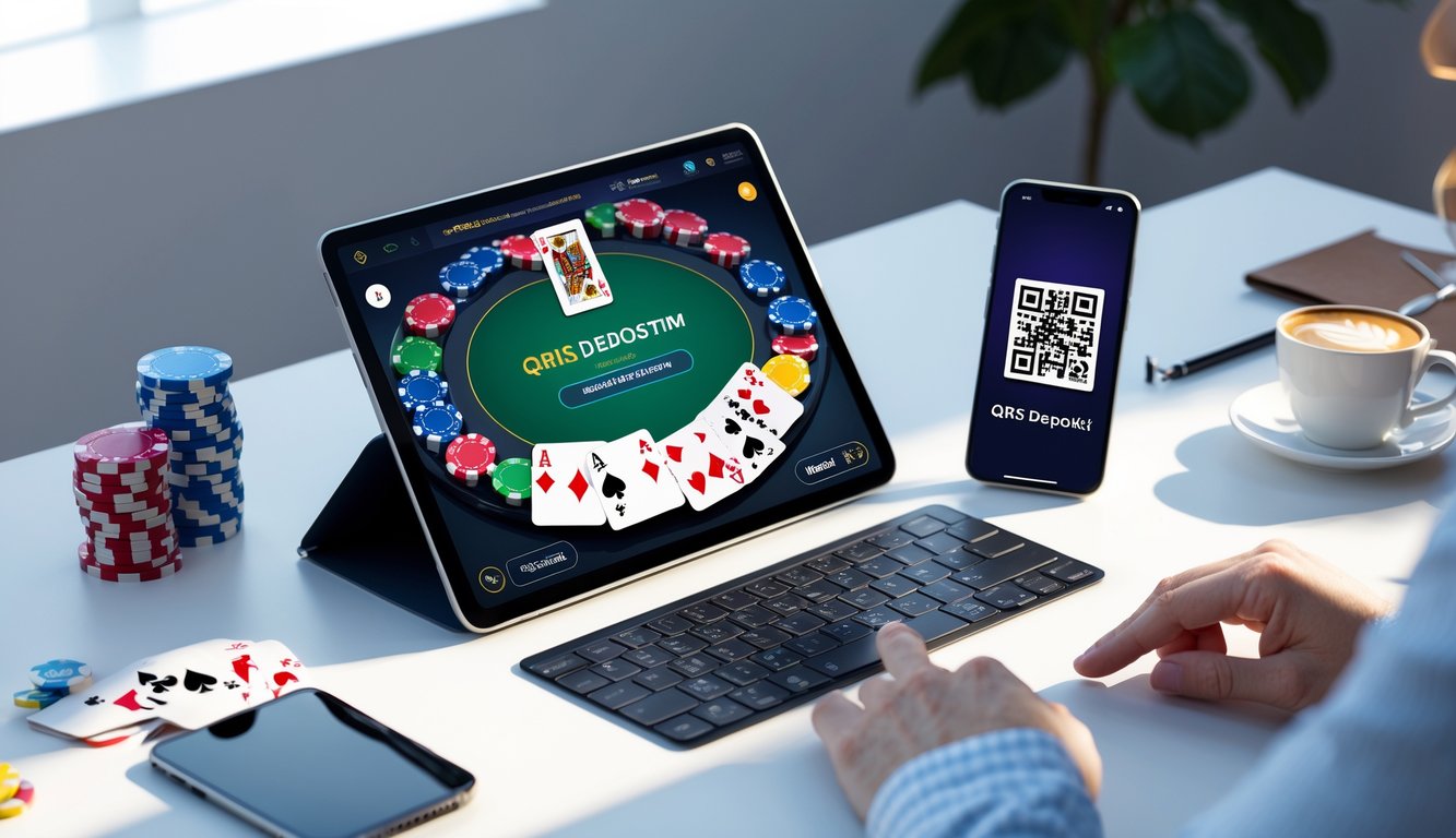 Seseorang menggunakan laptop dan smartphone dengan tampilan permainan poker online dan kode QR di meja kerja yang rapi.