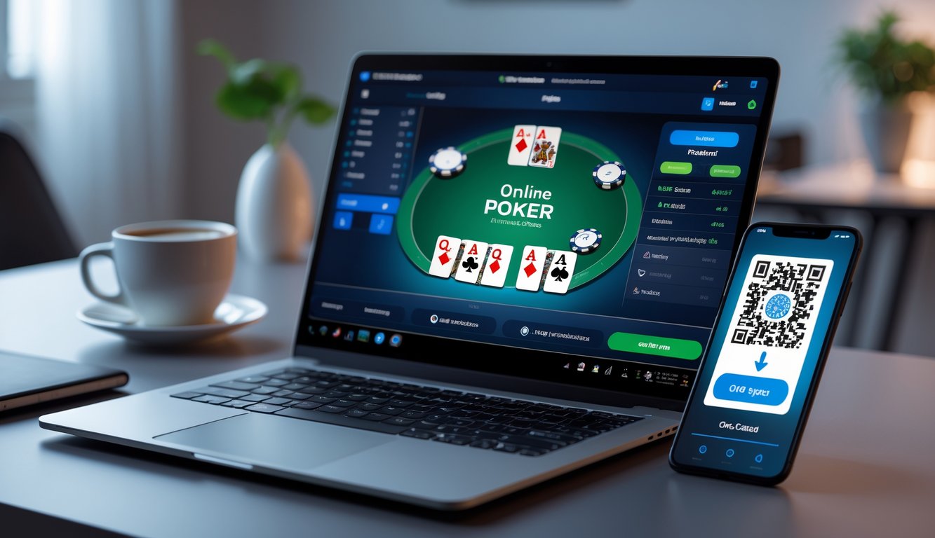 Seorang pemain duduk di depan laptop dan smartphone dengan tampilan permainan poker online dan pemindai kode QR di layar, di sebuah meja kerja yang rapi.