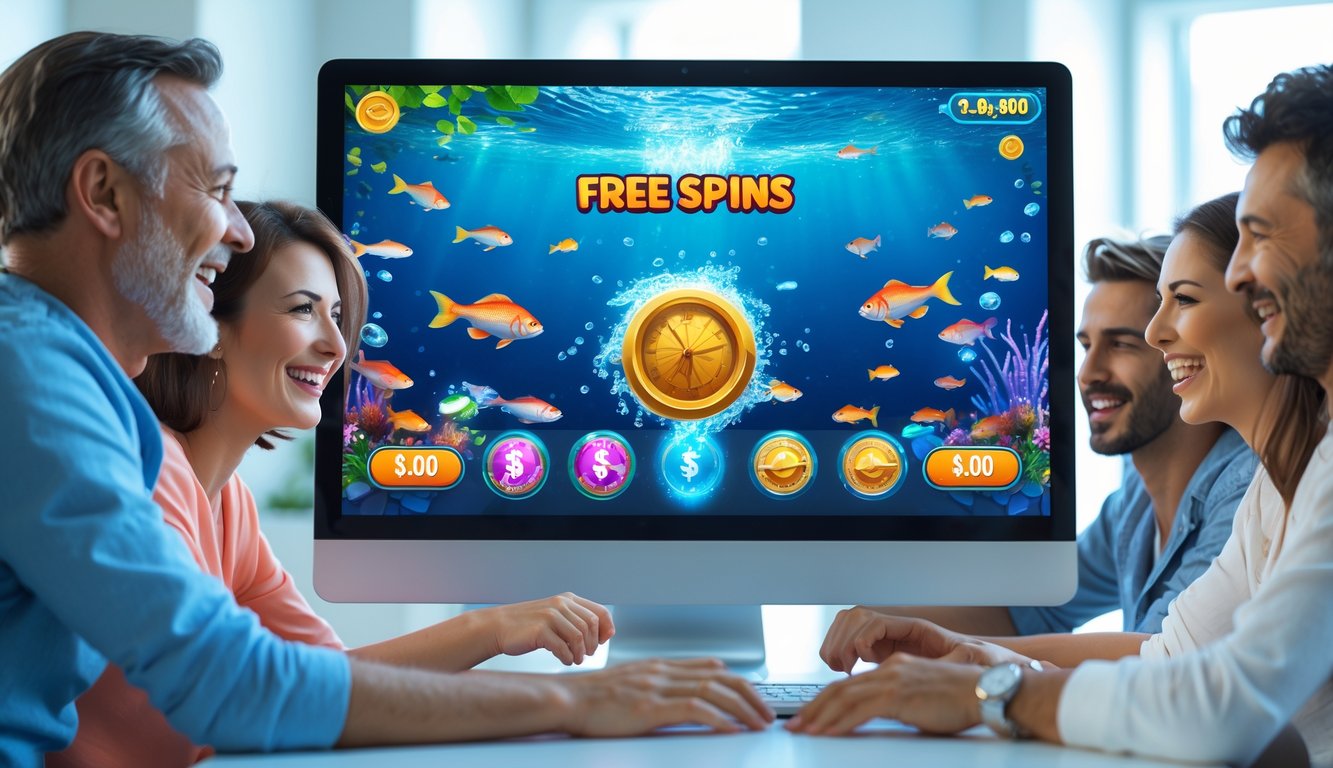 Sekelompok orang dewasa sedang bermain permainan tembak ikan di komputer dengan latar bawah laut penuh ikan berwarna-warni dan indikator jackpot yang menyala.