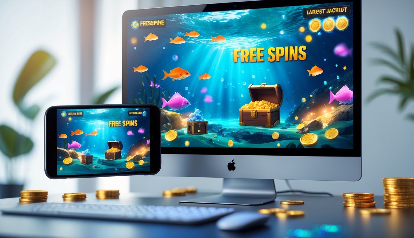 Sebuah layar komputer dan ponsel menampilkan permainan menembak ikan dengan ikon putaran gratis dan jackpot, di meja kerja modern.