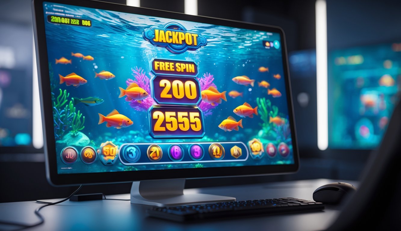 Layar komputer menampilkan permainan tembak ikan online dengan ikan berwarna-warni dan angka jackpot yang menyala.