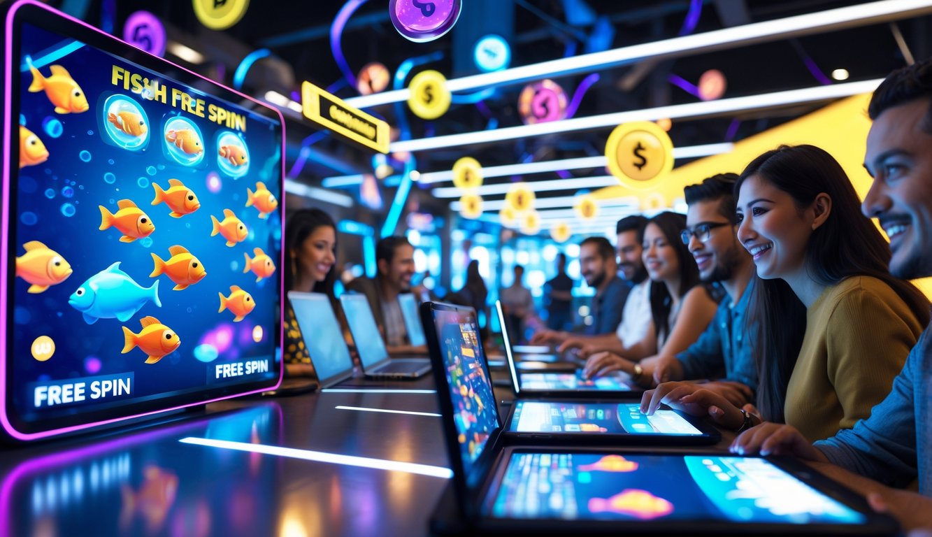 Orang-orang bermain permainan tembak ikan online dengan latar belakang ikan berwarna-warni dan simbol jackpot di layar perangkat mereka.