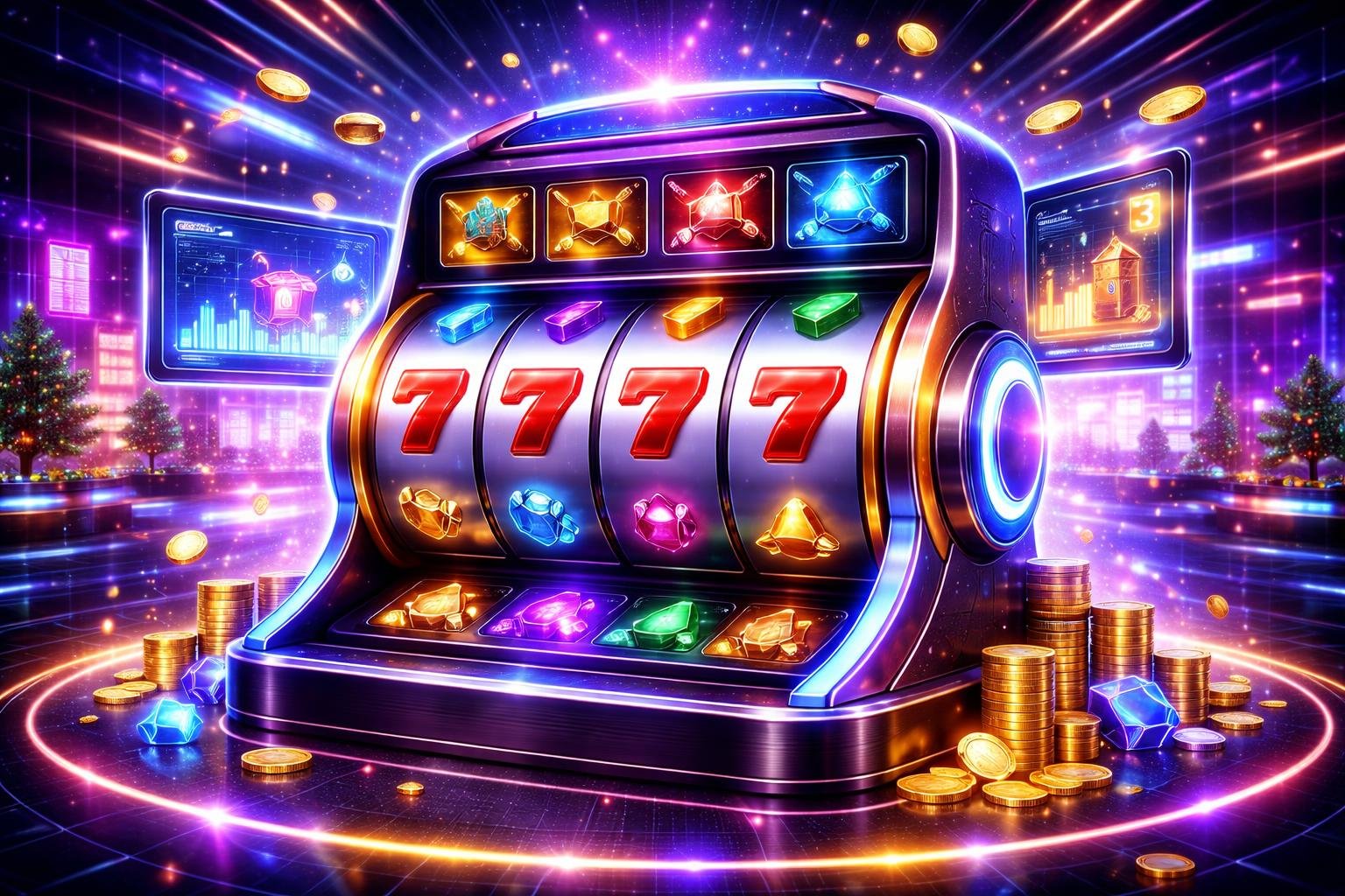 Tampilan mesin slot digital futuristik dengan lampu neon dan simbol berwarna-warni di latar kasino virtual yang mewah dan cerah.
