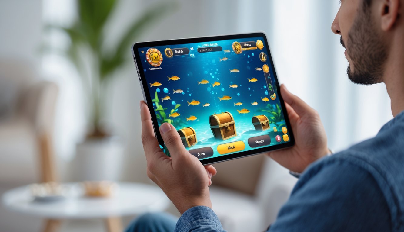 Seorang pria memegang tablet yang menampilkan permainan tembak ikan dengan grafik bawah laut dan ikon jackpot.