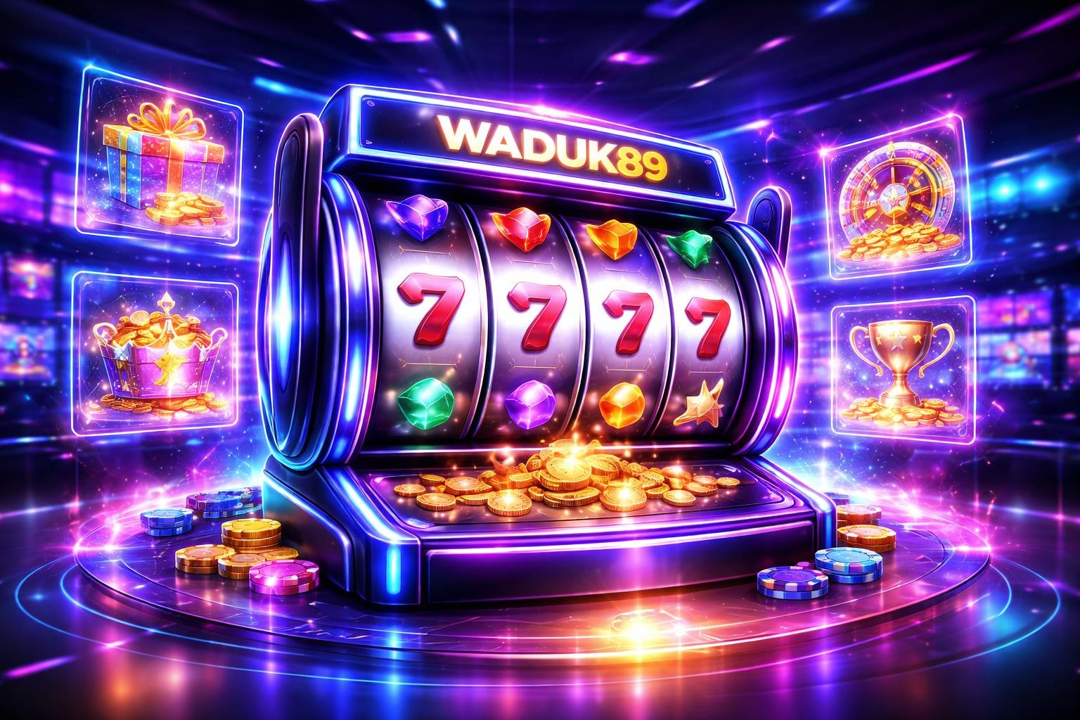 Tampilan mesin slot digital futuristik dengan simbol warna-warni yang berputar di ruang kasino modern yang penuh cahaya neon.