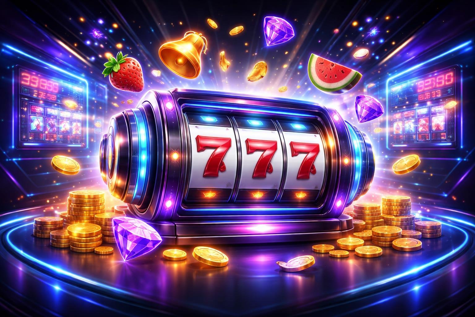 Tampilan mesin slot digital futuristik dengan simbol permainan populer dan efek cahaya yang hidup di lingkungan permainan modern.