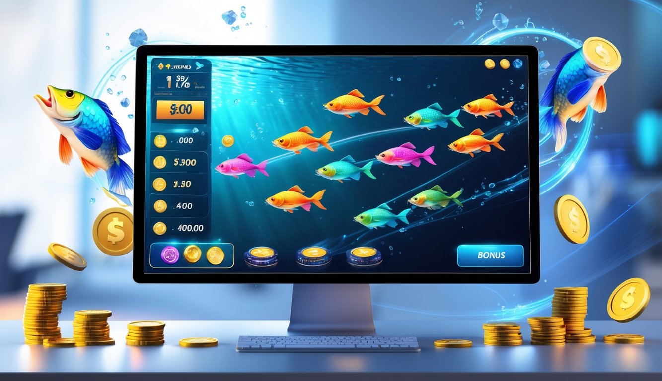 Tampilan layar komputer dengan permainan tembak ikan online yang menampilkan ikan berwarna-warni dan ikon jackpot di sekitarnya.