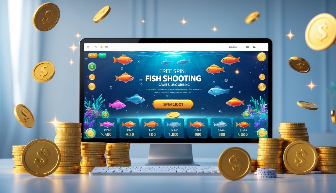 Sebuah perangkat dengan layar menampilkan permainan tembak ikan yang penuh warna, dikelilingi oleh koin dan simbol jackpot yang bersinar.