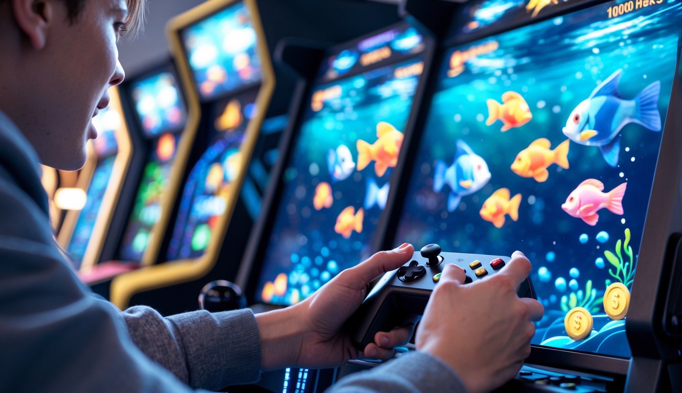 Seseorang sedang bermain permainan tembak ikan dengan layar penuh gambar ikan warna-warni dan simbol jackpot.