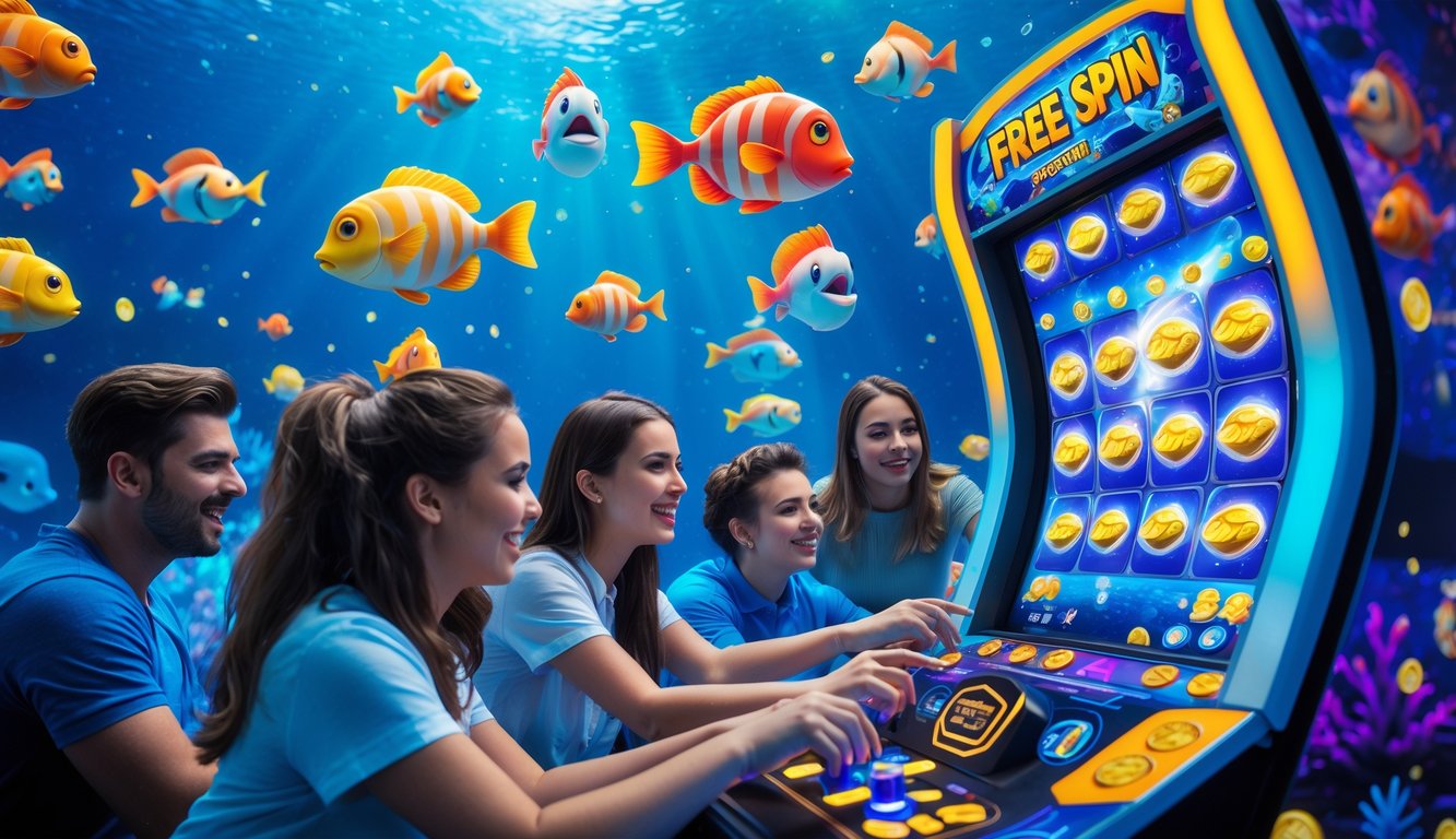 Orang-orang sedang bermain permainan tembak ikan di mesin arcade dengan latar bawah laut penuh ikan berwarna-warni.