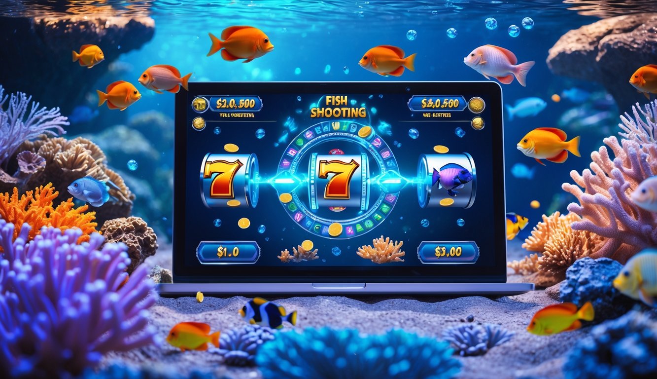 Adegan bawah laut dengan ikan warna-warni dan antarmuka permainan tembak ikan online yang menampilkan fitur jackpot dan putaran gratis.