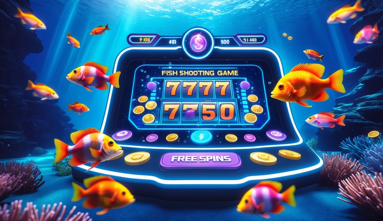 Adegan bawah laut dengan ikan tropis berwarna-warni dan antarmuka permainan online dengan tombol bercahaya dan indikator jackpot.