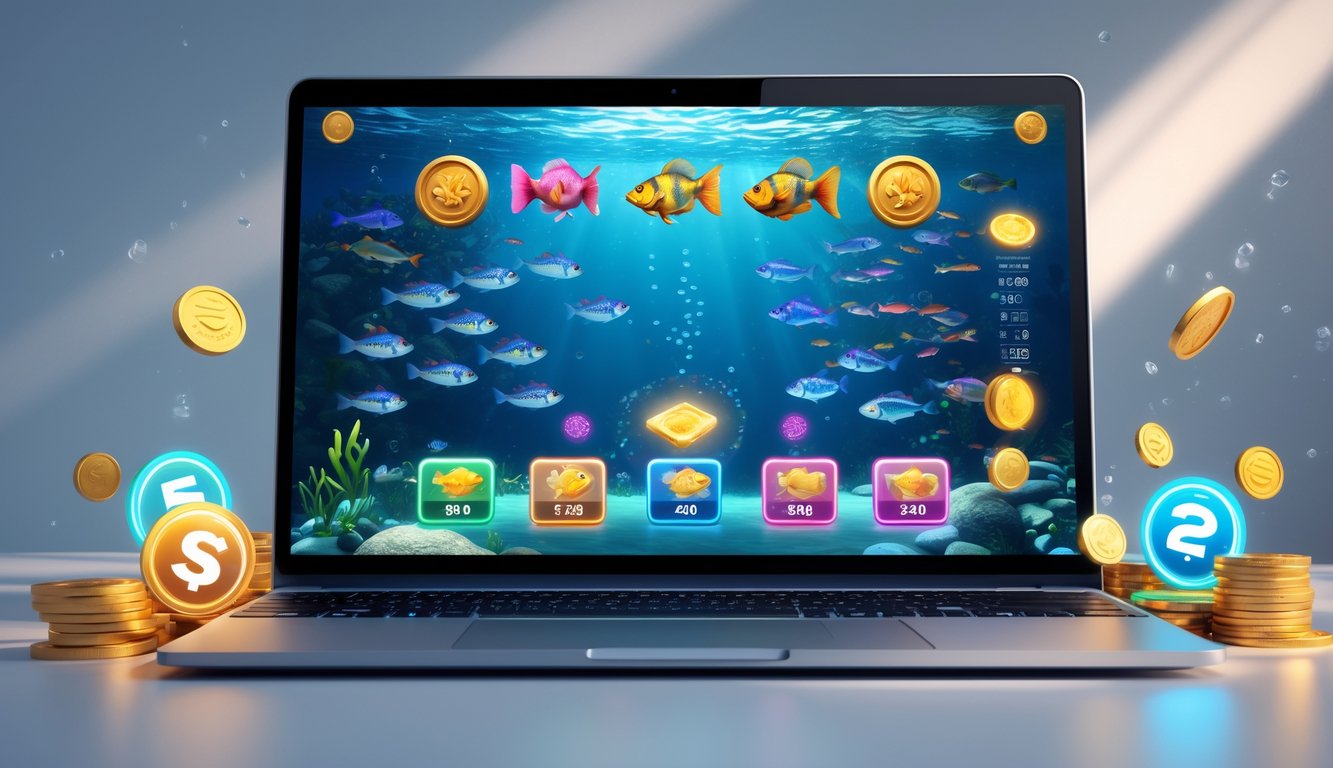 Seseorang sedang menggunakan komputer dengan tampilan permainan tembak ikan berwarna-warni di layar, menampilkan ikan, simbol jackpot, dan ikon putaran gratis.