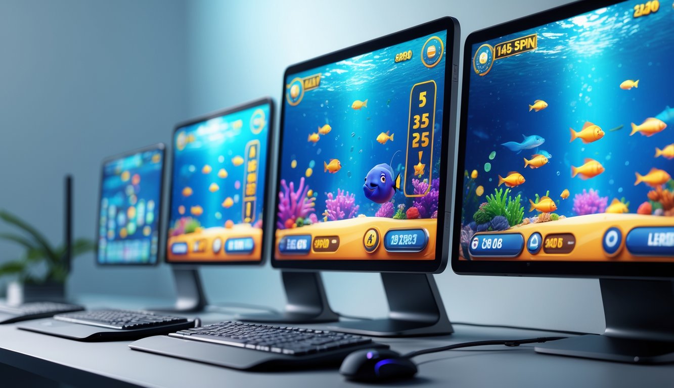 Sebuah meja komputer dengan layar menampilkan permainan tembak ikan berwarna-warni dengan ikon free spin dan jackpot.