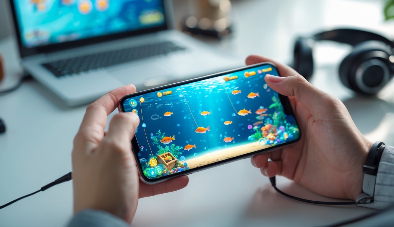 Seseorang sedang bermain game tembak ikan di ponsel dengan latar belakang ruangan yang nyaman.