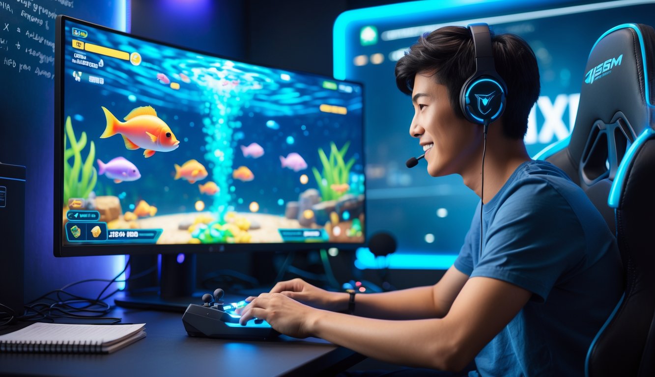 Seorang pria muda sedang bermain game tembak ikan di komputer dengan ekspresi fokus di ruang gaming modern.