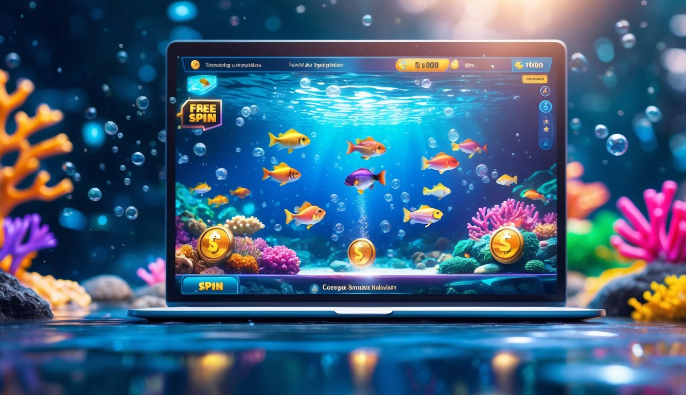 Layar perangkat digital menampilkan permainan tembak ikan dengan animasi ikan berwarna-warni di latar bawah laut yang cerah dan penuh karang.