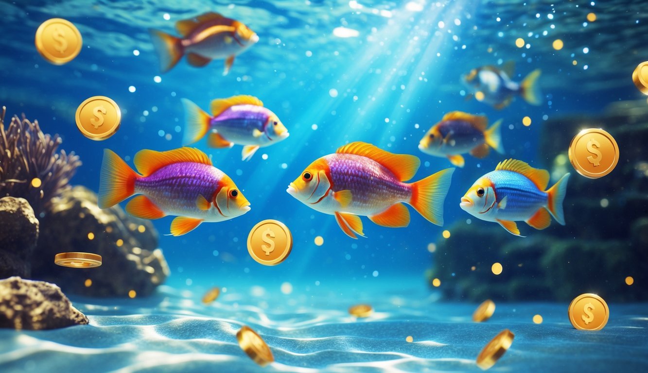 Pemandangan bawah laut dengan ikan tropis berwarna-warni dan elemen antarmuka permainan digital yang menunjukkan tema permainan tembak ikan dengan jackpot besar.